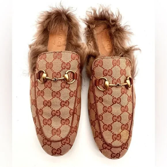Gucci Princetown Horsebit Brown GG Print Canvas Fur Slippers Loafers US 7 EU 41